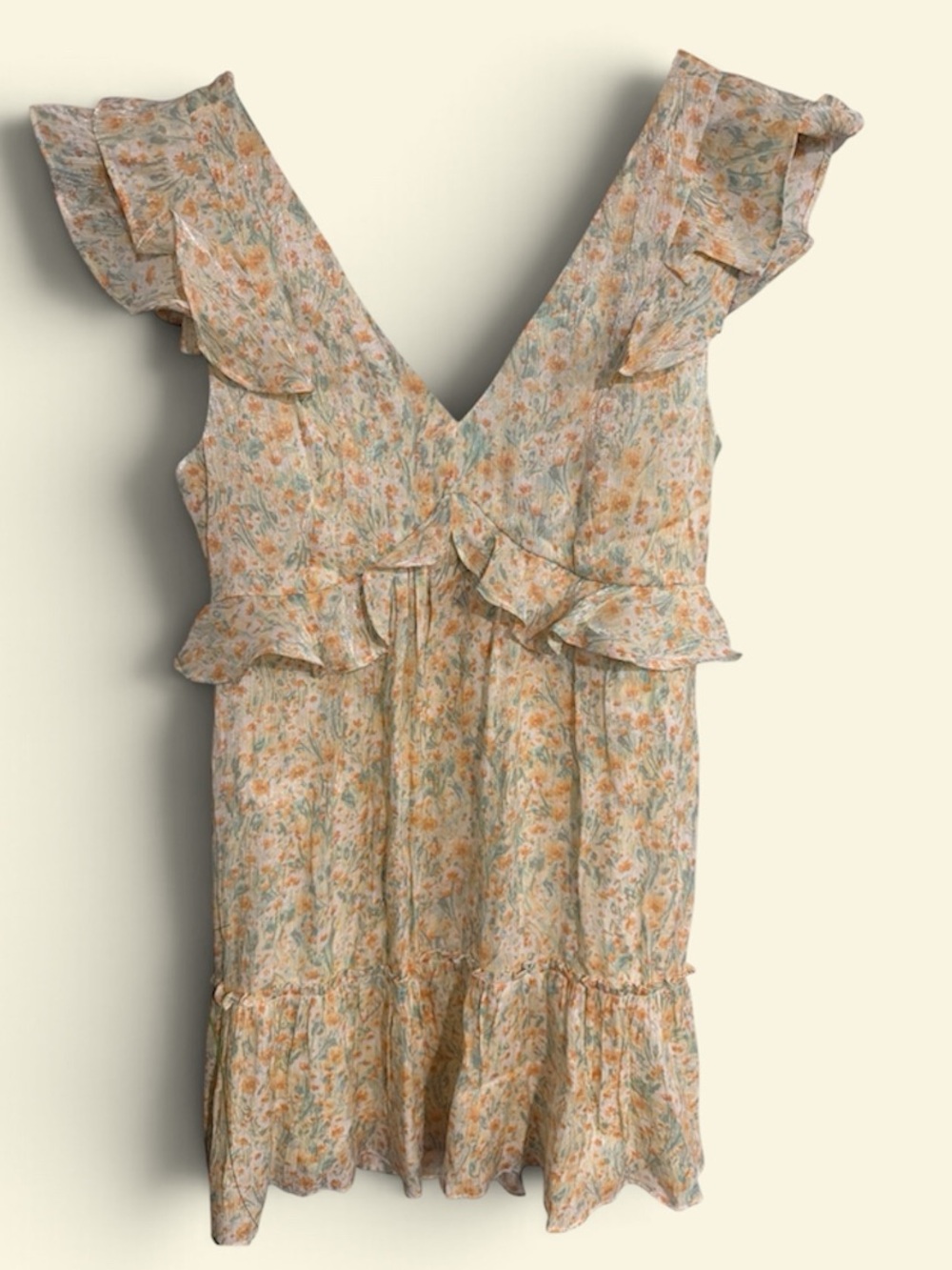 Floral Ruffle V-Neck Mini Dress - Cream & Pastel Floral